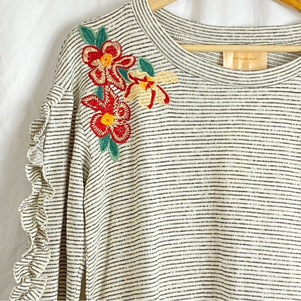 Skies Are Blue Womens Knit Top Stripe Embroidered Ruffle Pullover Shirt Size XS - Picture 11 of 16